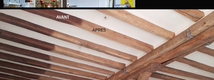 Décapage par aérogommage de poutres de plafond en bois